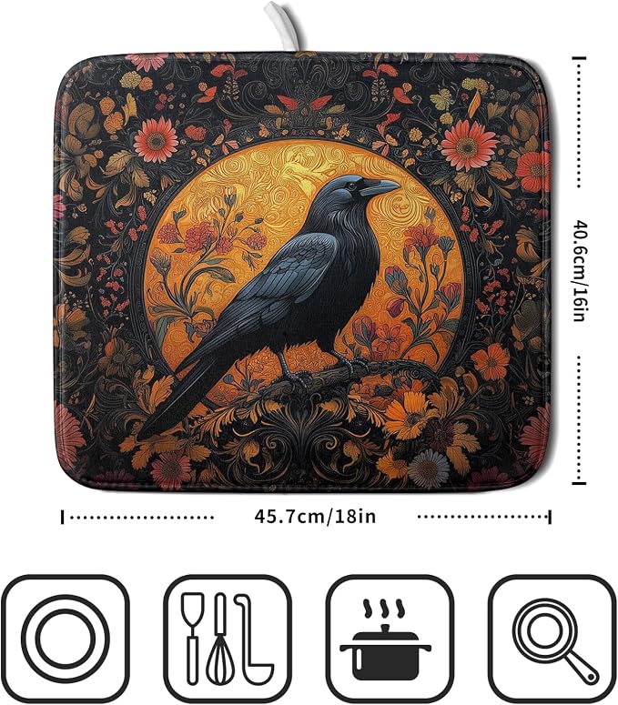 Giwawa Vintage Crow Dish Drying Mat 16"x18" Gothic Black Raven Boho Flowers - Image 2