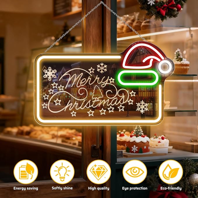 16.5 x 10’’ Mirror Merry Christmas Neon Sign, Carving LED Sign - Image 2