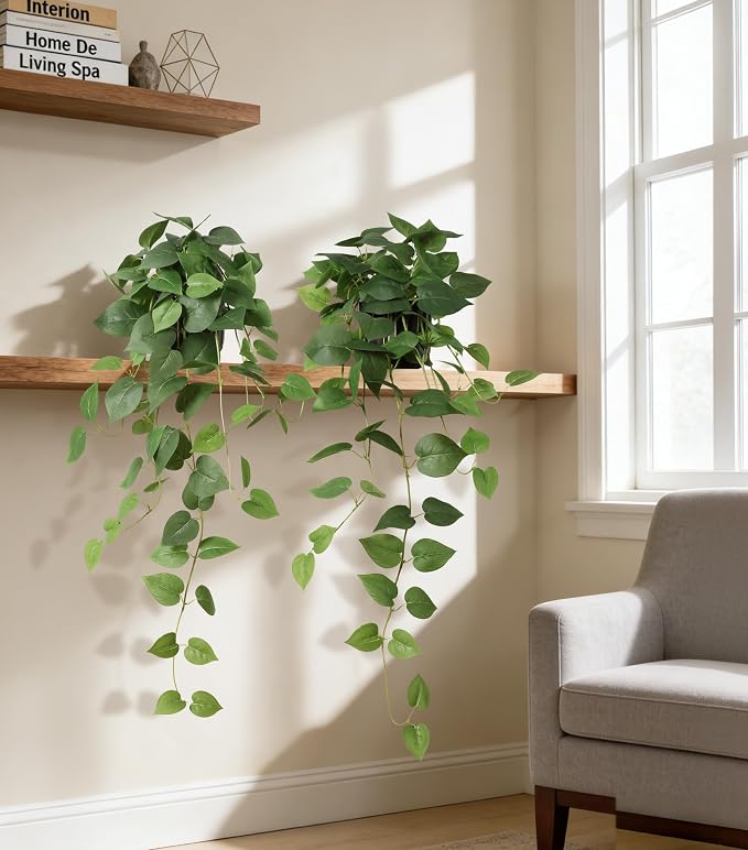 Fake Plants 2 Pcs Faux Pothos Plants Potted Indoor Artificial Hanging Plants - Image 4