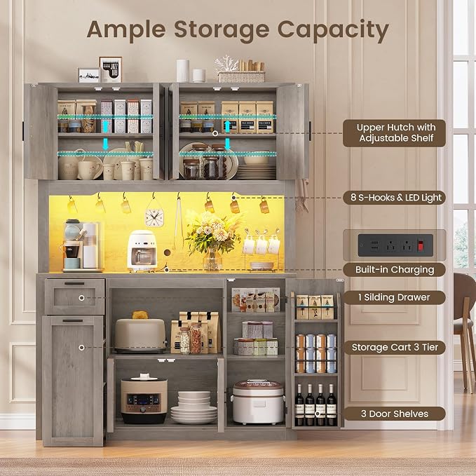 Itaar 71" Pantry Cabinet with Charging Station and LED Light, Kitchen Pantry - Image 5