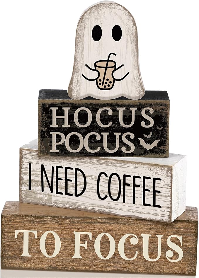 Lineshading 4 Pcs Halloween Coffee Table Decor Coffee Ghost Wooden Stack Block by Lineshading