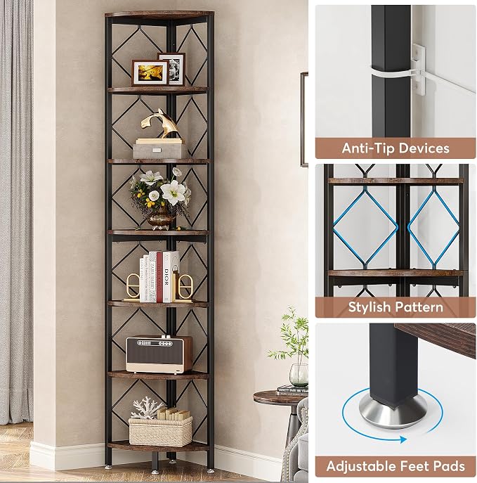 Tribesigns 7-Tier Corner Shelf, 78.7” Extra Tall Corner Bookcase, Industrial - Image 7