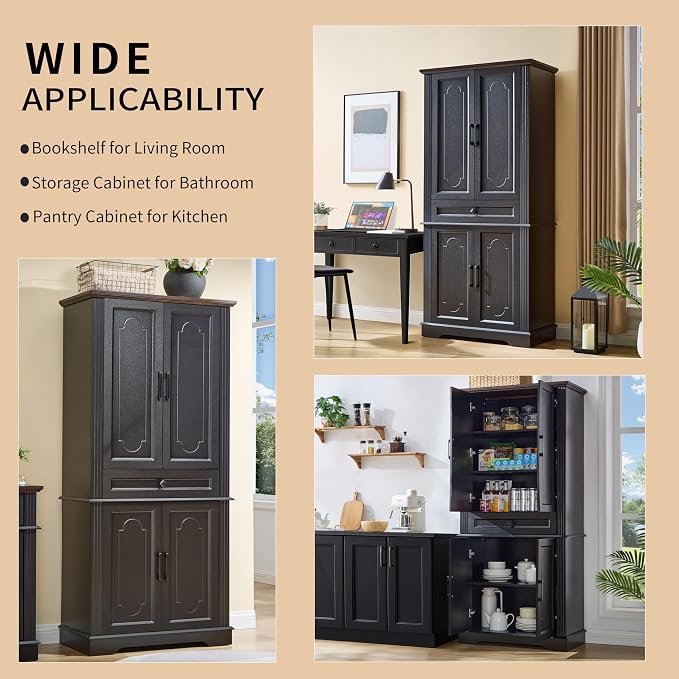 71" Black Tall Pantry Cabinet - Image 3