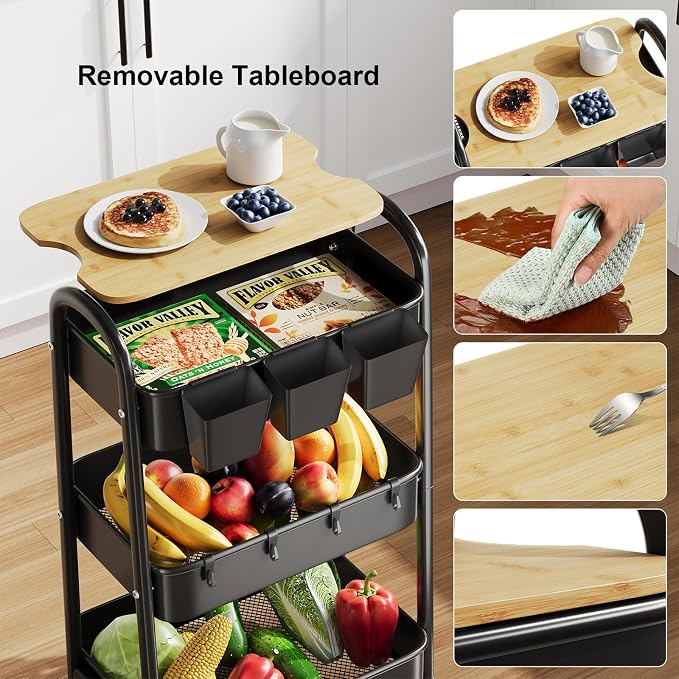 3 Tier Metal Rolling Cart with Wheels and Wooden Table Top, Three Tiered Craft - Image 9
