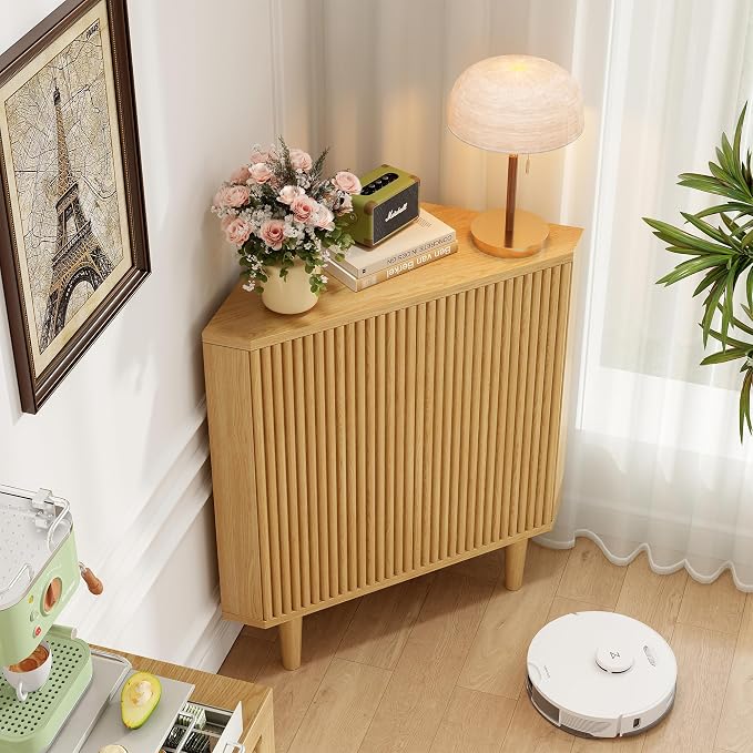 Fluted Floor Corner Kitchen Cabinet, Wooden Freestanding Cabinets Organizer - Image 4