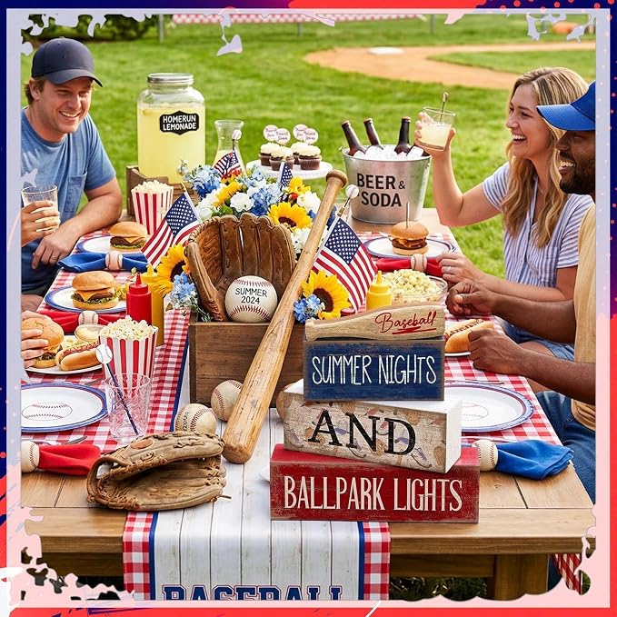Lineshading 4 Pcs Baseball Decorations Stacked Wooden Blocks Signs - Image 9