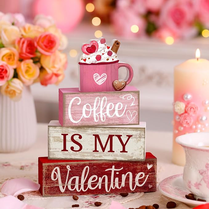 Lineshading 4 Pcs Valentine's Day Table Decor Wooden Cocoa Decoration - Image 3