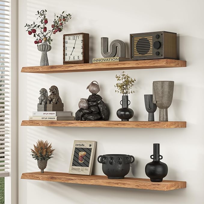 Fun Memories 24Inch Floating Shelves Set of 2, Rustic Solid Elm Wood Live Edge - Image 2