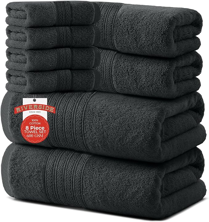 RIVERSIDE Pack of 8 Towels Set, 2 Large Bath, 2 Hand, 4 Face Washcloths by RIVERSIDE