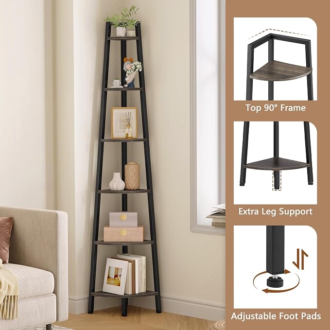 Hoctieon Corner Shelf, 6-Tier Corner Bookshelf, Rustic Ladder Shelf, Industrial - Image 5