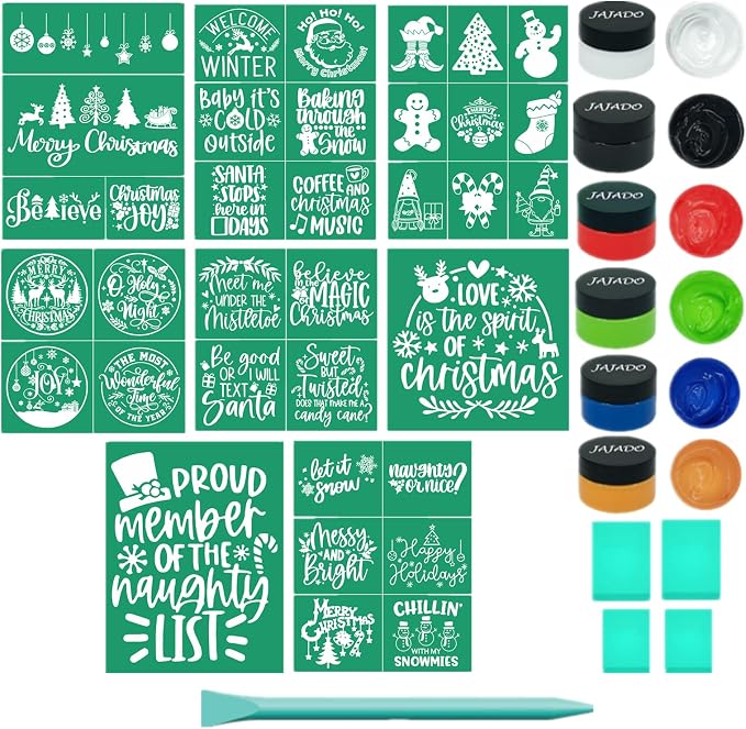 JAJADO Chalk Paste Paint for Christmas Stencils Set 20 Pcs, Winter Silk Screen by JAJADO