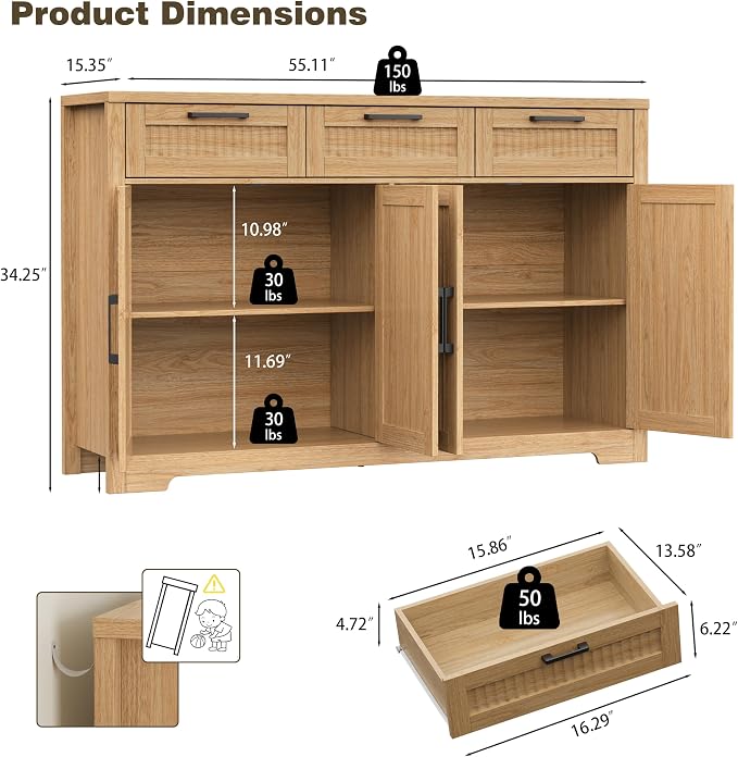 Buffet Cabinet with 3 Drawers, Kitchen Storage Sideboard Coffee Bar Cabinet - Image 2