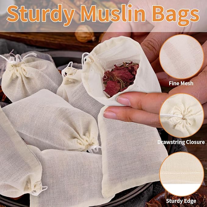 60 Pcs Empty Spice Bags for Cooking Soup, 3x4 In Natural Muslin Drawstring Bag - Image 5