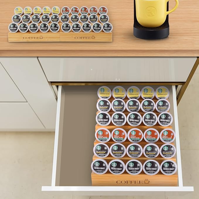 MinBoo Bamboo 2-Piece Step-Shaped K-Cup Holder Drawer or Countertop Organizer - Image 5