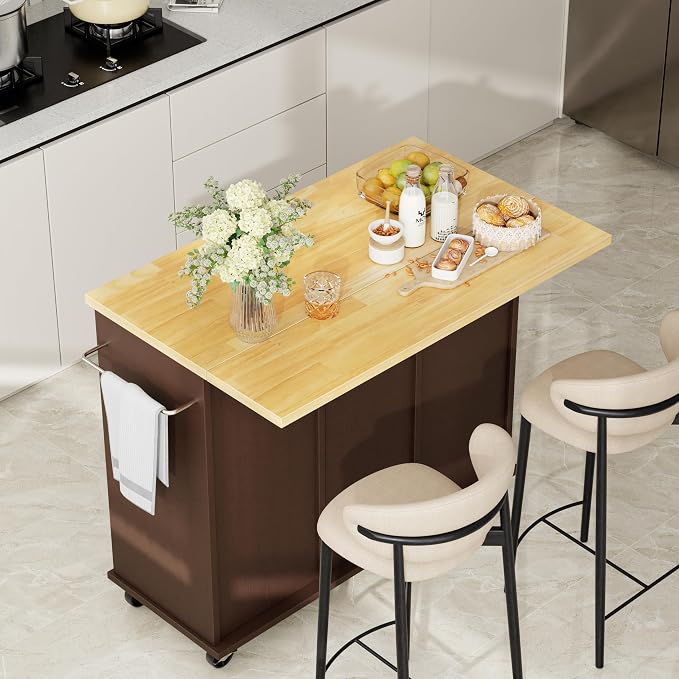 Shintenchi Kitchen Island with Storage, Bar Cart Cabinet Island Table on Wheels - Image 2
