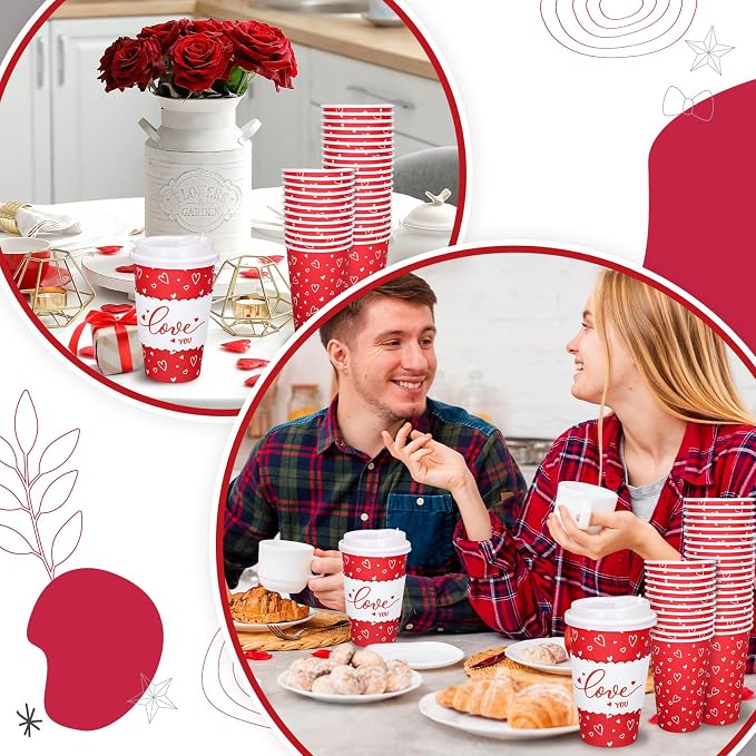 Whaline 50 Set Valentine's Day Red Heart Disposable Coffee Cups - Image 7