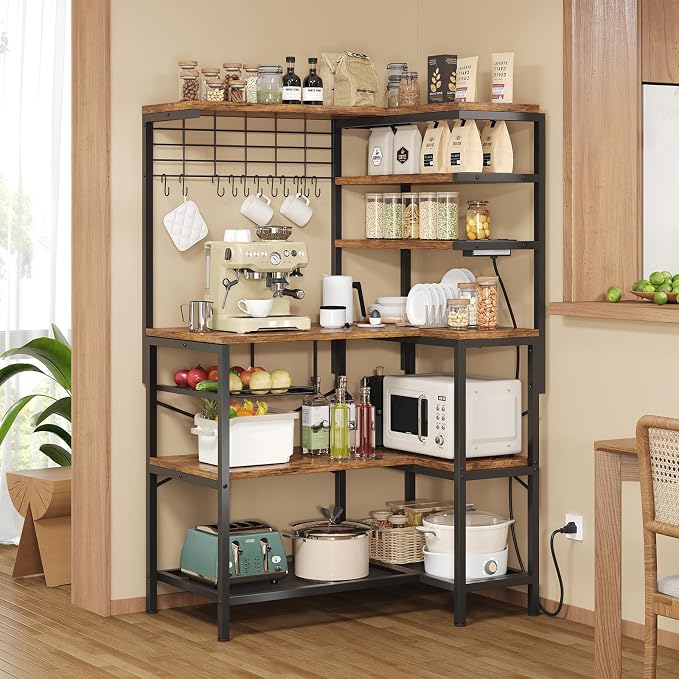 L-Shaped Bakers Rack with Power Outlet, 6-Tier Microwave Stand with Open Storage - Image 4