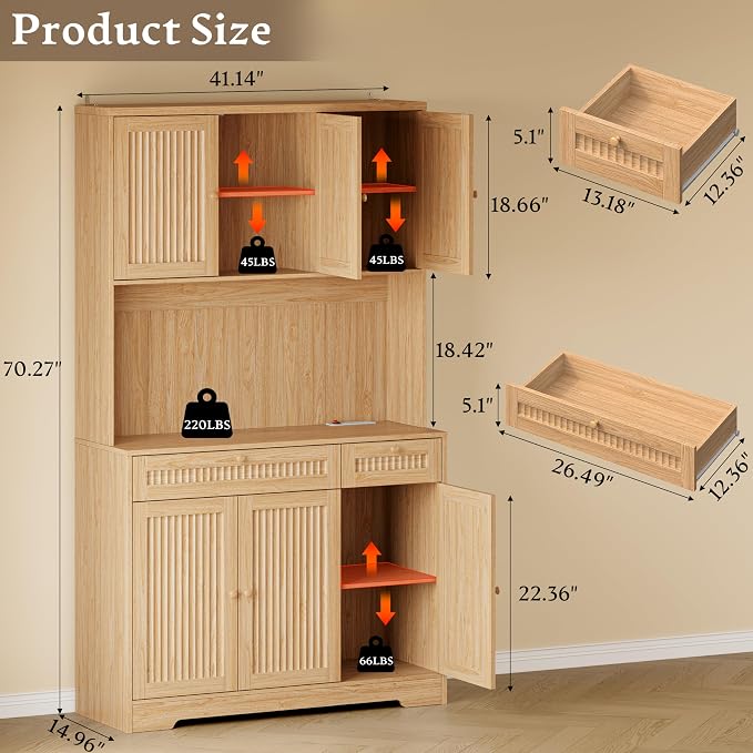 BORNOON Pantry Cabinet with Charging Station and Light, Tall Kitchen Pantry - Image 2