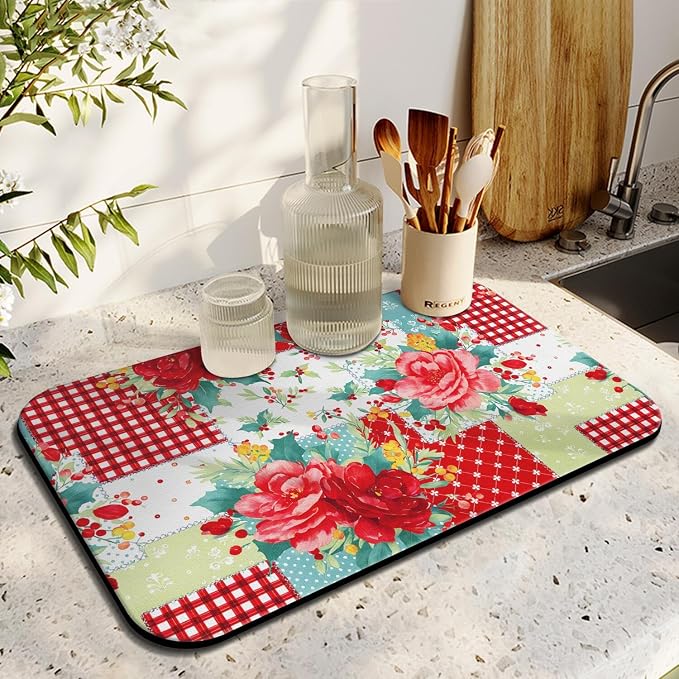 Kitchen Counter Drying Mat, Floral Patchwork Design, 12x20 Inch - Image 3