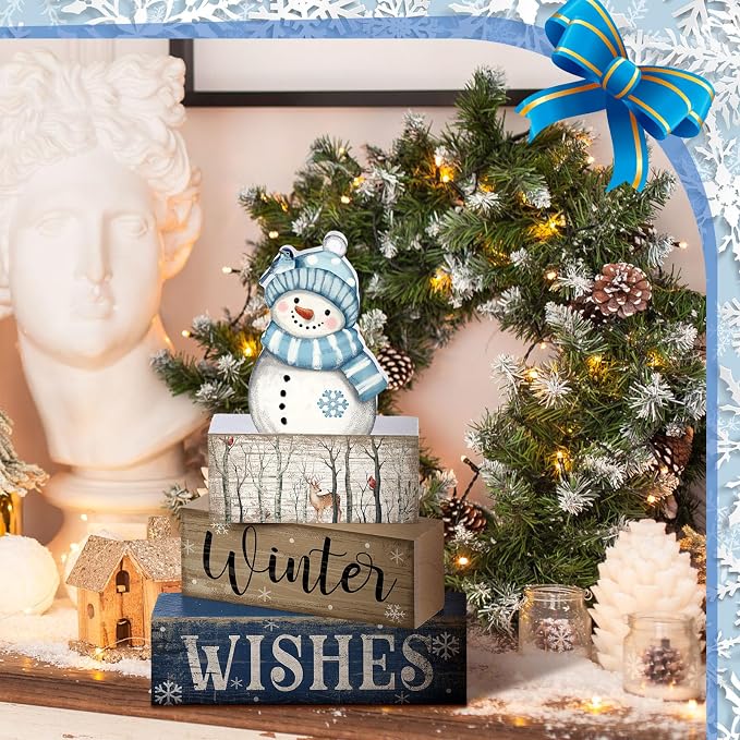 Lineshading 4 Pcs Snowman Christmas Table Decorations Blue and White Wooden - Image 4