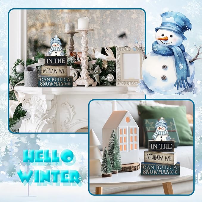 Yuntau 4 Pcs Winter Table Decoration Blue Snowman Decor Winter Tiered Tray - Image 4