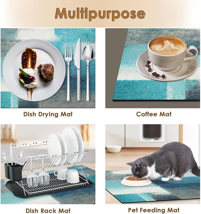 Arttown Coffee Mat for Countertops, Teal White Grey Abstract Modern Dish Drying - Image 6