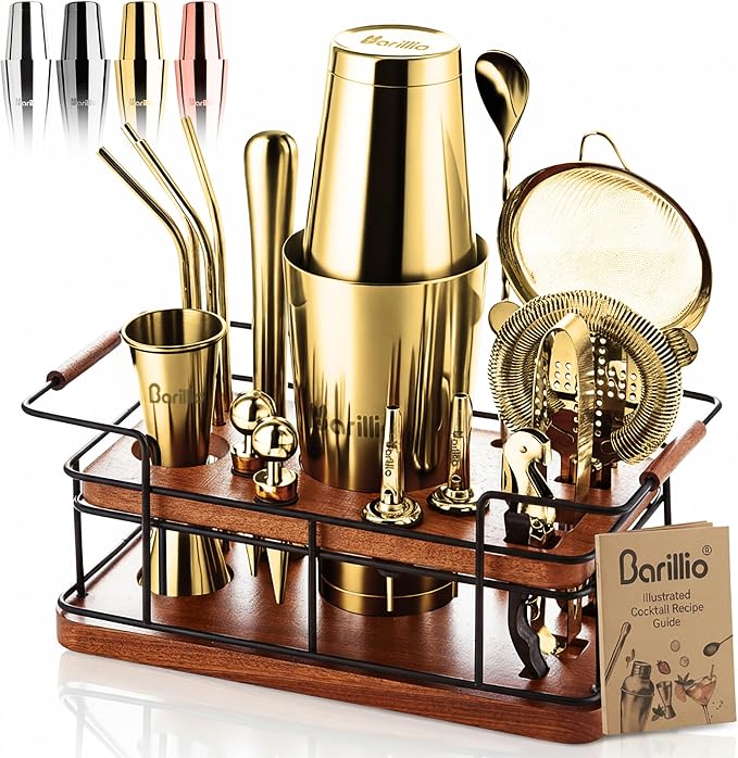 Barillio Gold Bartender Kit – 23-Piece Stainless-Steel Cocktail Shaker Set by Barillio