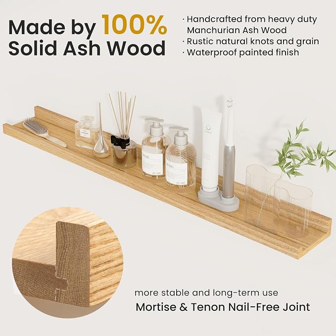 Acovy Solid Ash Wood Picture Ledge Shelf, Floating Shelves Set of 2, 56 Inch - Image 4