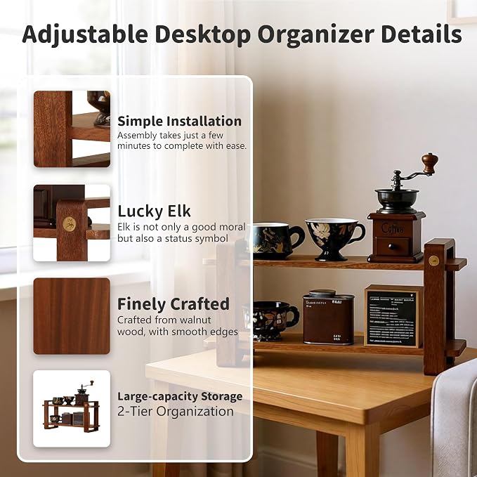 Coffee Station Organizer for Kitchen Countertop Mug Holder 2 Tier Wooden Cup - Image 3