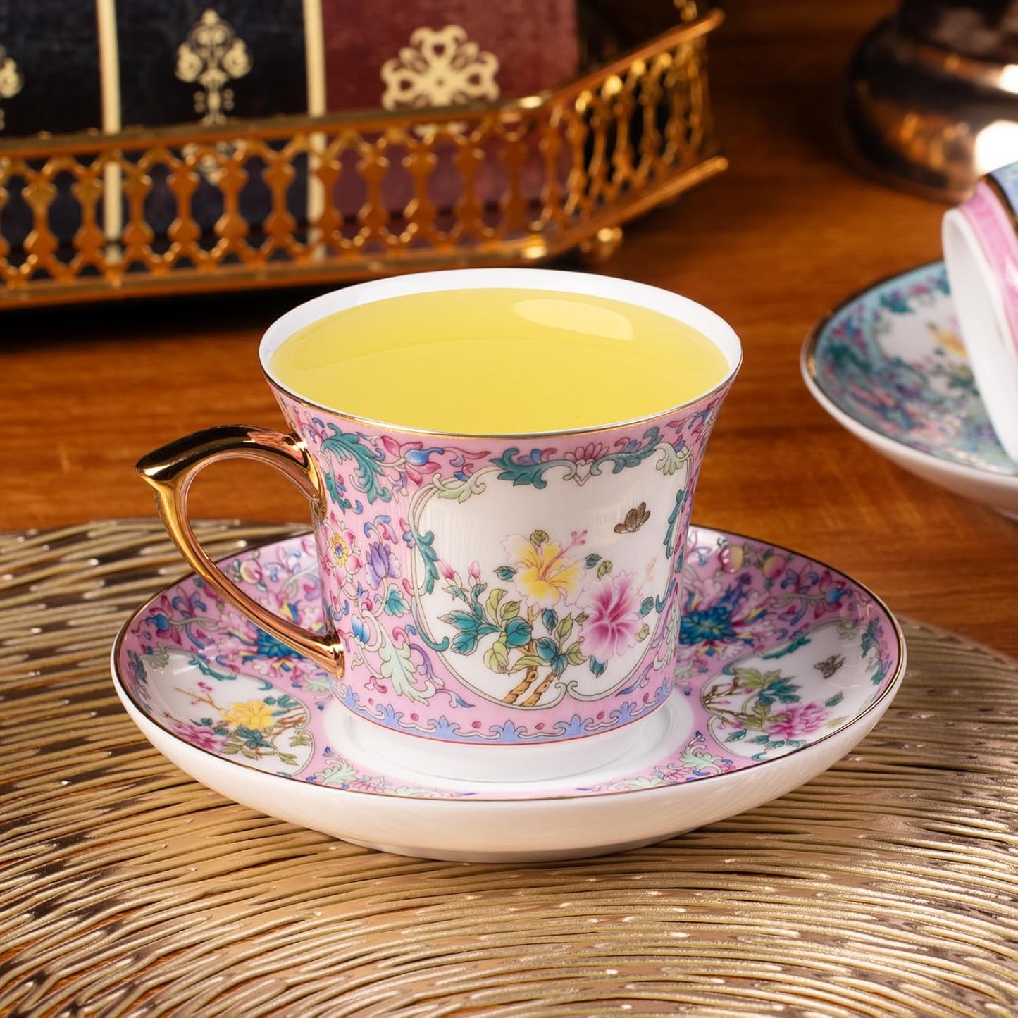KAMMAK Tea Cups and Saucers Set of 2, Porcelain Coffee Cups with Saucer for Espresso, Cappuccino, 8oz Vintage Pink and Blue Ceramic Demitasse Mug for Home, Tea Party, Office