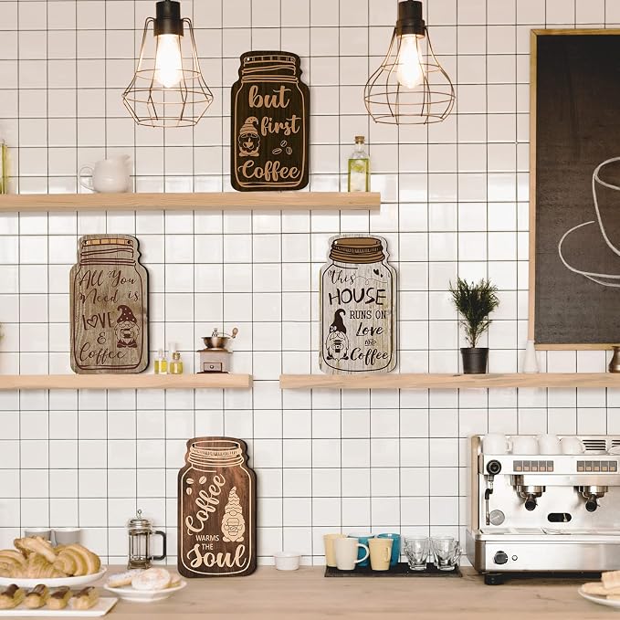 Jetec 4 Pcs Coffee Bar Decor Mason Jar Wood Sign Wall Hanging Plaque But First - Image 6