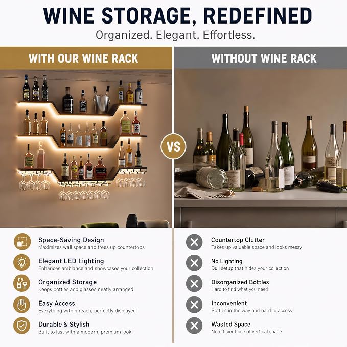 Wall Mounted Wine Rack with LED Lights, 3-Tier Floating Bar Shelves, Hanging - Image 5
