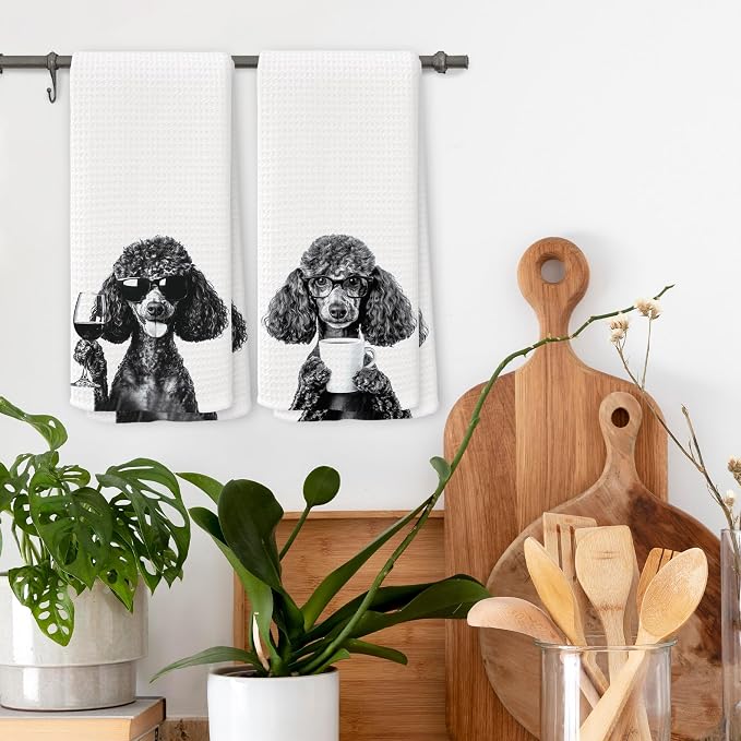 Funny Black Poodle Kitchen Towels Set of 2, Wine and Coffee Lover Gifts - Image 2