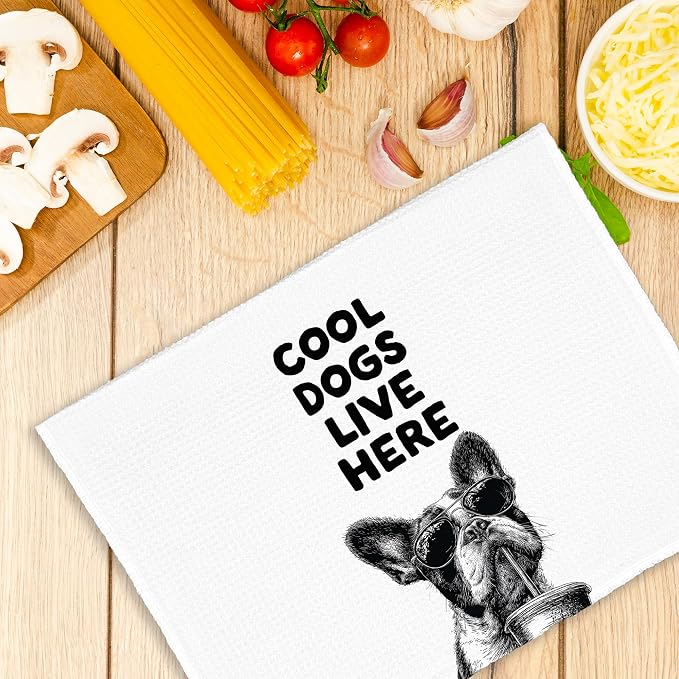 Funny Dog French Bulldog Kitchen Towels, Cool Dogs Live Here Dish Towel Gifts - Image 4