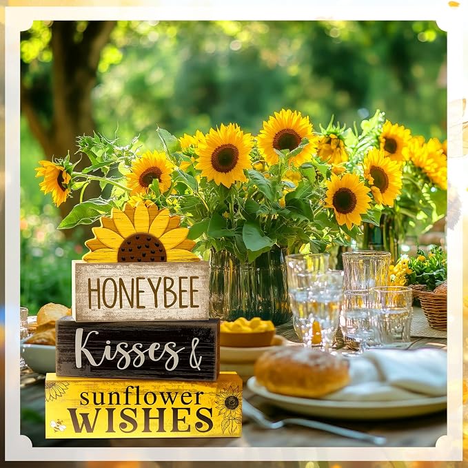 Lineshading 4 Pcs Summer Table Decor Wooden Sunflower Tiered Tray Decor Rustic - Image 6