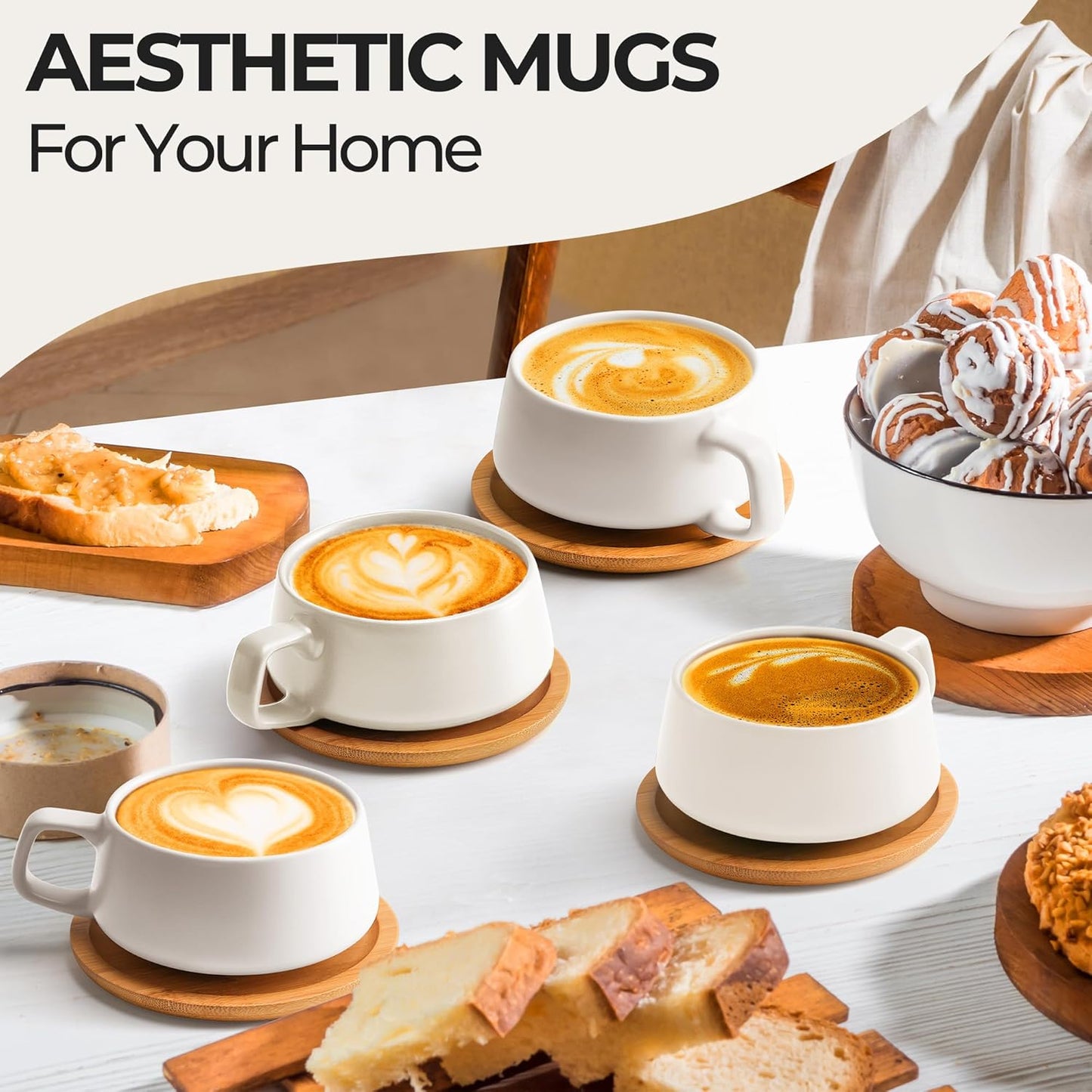 MIAMIO – 11 Oz., Set of 4 Ceramic Tea Cup and Saucer Bamboo/Tea Mug - Wide Cappuccino Cup, Coffee Cups Ceramic Mug for Cappuccino, Latte, Espresso & Americano - Luxe Collection (White)