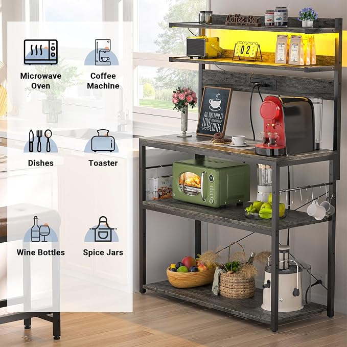 Aheaplus Bakers Rack with Power Outlet, Microwave Stand, 5 Tiers Coffee Bar - Image 5