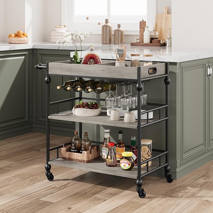 Garvee Bar Cart with Wheels, 3-Tier Rolling Serving Cart with Removable Tray - Image 2