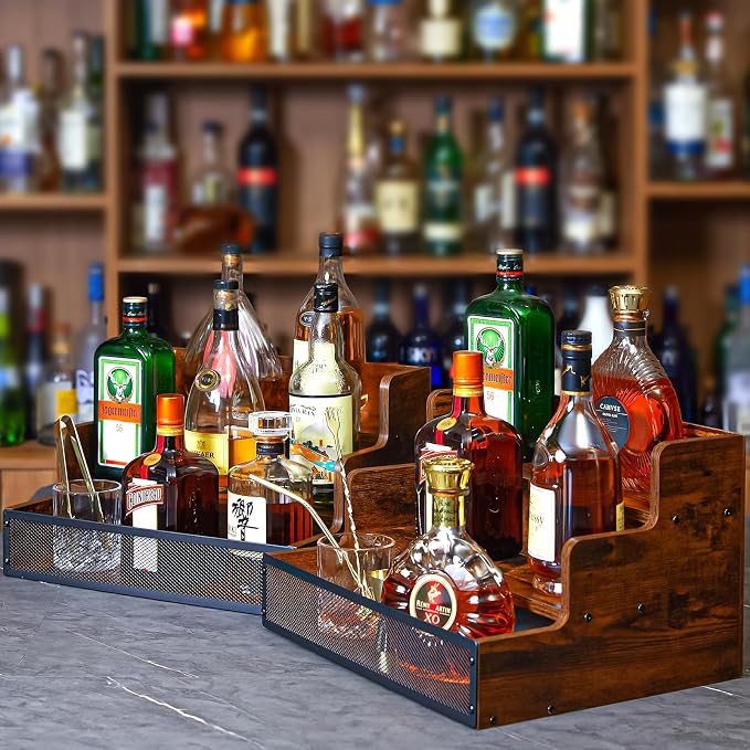 2 Pack 3 Step Countertop Liquor Bottle Display Shelf, Wood Bar Shelves 12 - Image 3