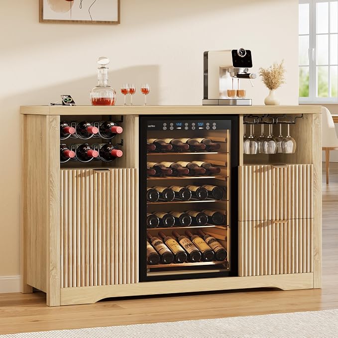 Coffee Bar Cabinet with Fridge Space, Wood Buffet Sideboard Table, Fluted - Image 3