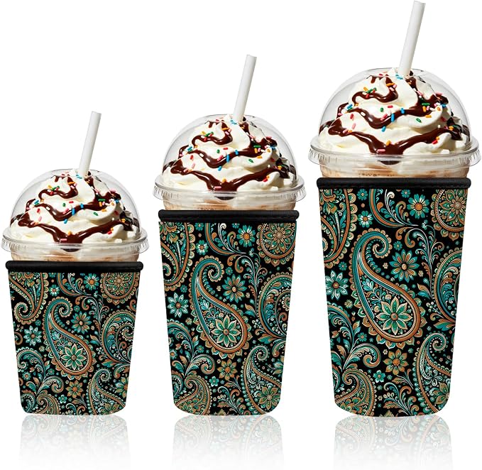 Paisley Floral Iced Coffee Cup Sleeve 3 Pack, Boho Reusable Neoprene Holder by Unknown
