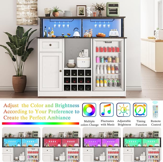 55'' Wine Bar Cabinet with Mini Fridge Space, Liquor Coffee Cabinet with LED - Image 4