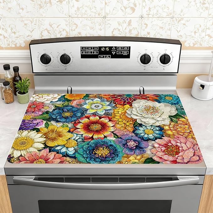 Boho Floral Stove Top Cover for Electric Stove, Colorful Flowers Rubber Stove by Unknown