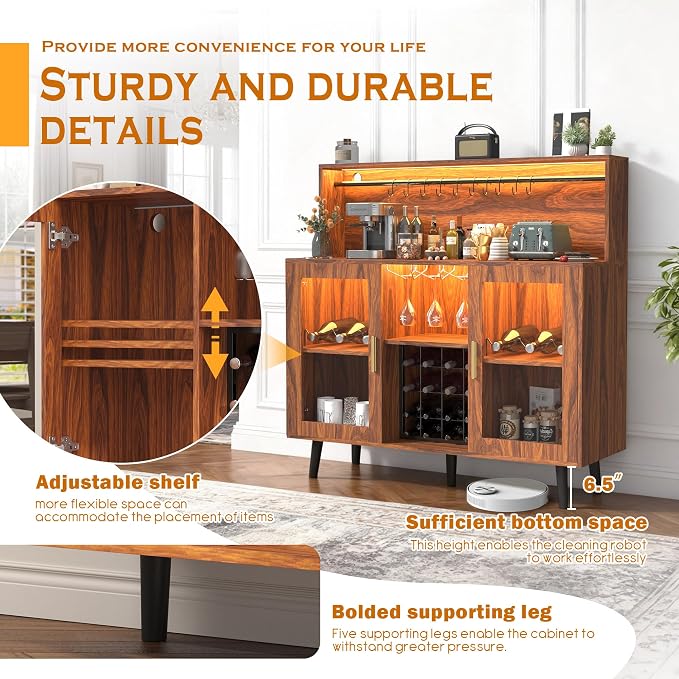 TITIMO Wine Bar Cabinet with LED Light, Coffee Cabinet with Wine Rack and Glass - Image 6