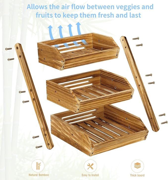 G.a HOMEFAVOR Wooden 3 Tier Fruit Basket, Pine Wood, Self-assembly - Image 3