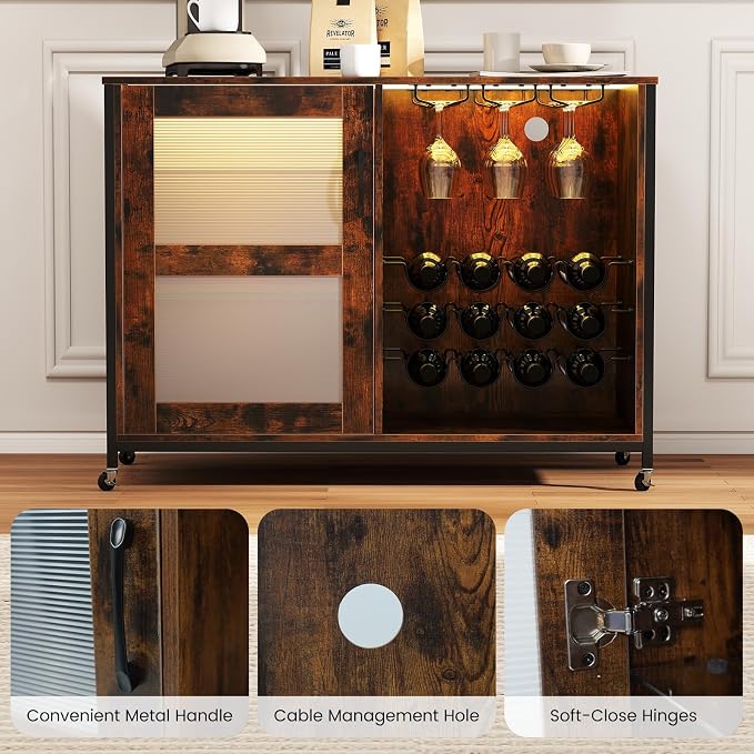 GOFLAME Wine Bar Cabinet with Wheels and LED Lights, Industrial Coffee Bar - Image 8