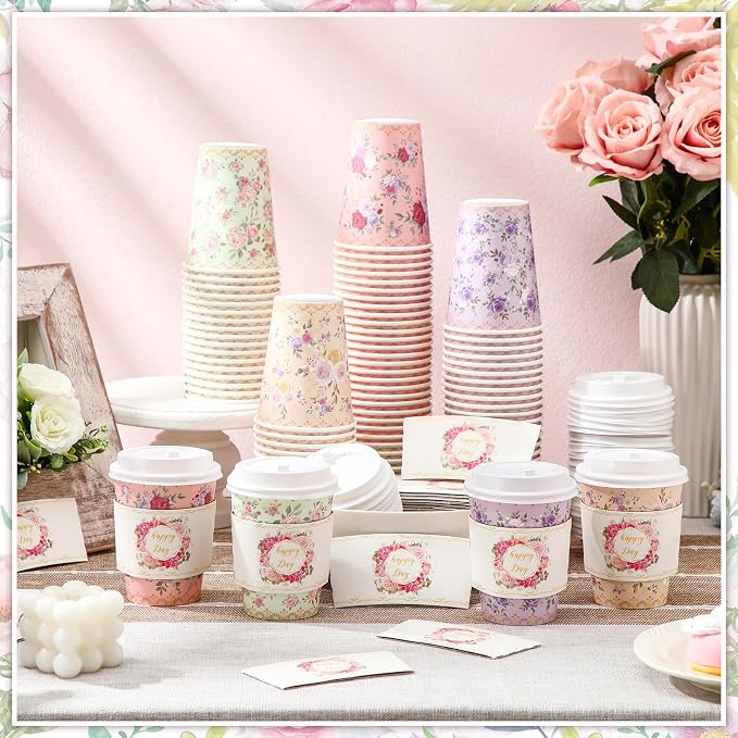 Remerry 100 Pcs 12oz Floral Disposable Coffee Cups - Image 3