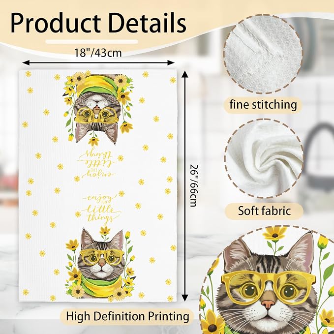 Yellow Flowers Cat Towels, Spring Summer Kitchen Towels, Cute Waffle Weave Dish - Image 2