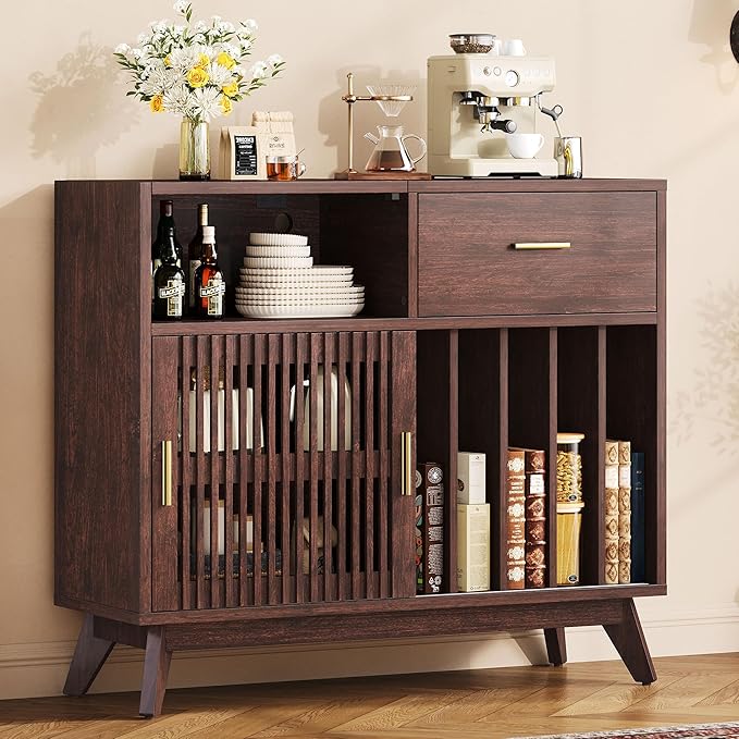 IRONCK Storage Cabinet with Drawer, Coffee Bar Cabinet with Sliding Door - Image 4