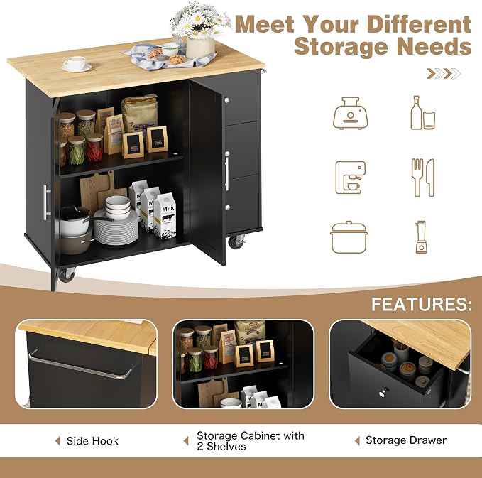 Shintenchi Kitchen Island with Folding Drop Leaf, Rolling Island Table with - Image 6